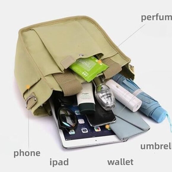 Canvas Tote Bag Women Small Zipper Multi-Pocket Crossbody Shoulder Purse - Picture 6 of 6